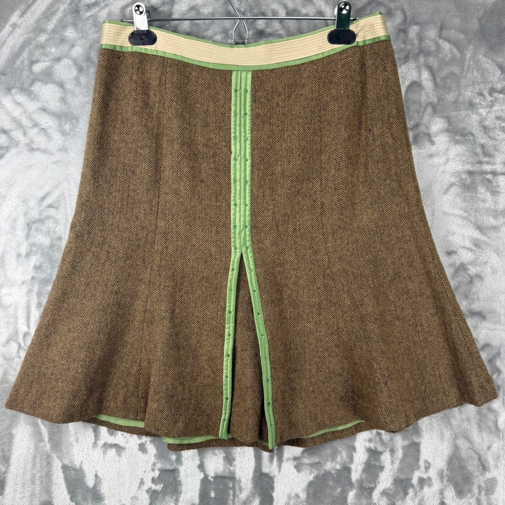 Ann‎ Taylor Loft Brown Herringbone Wool Blend Skirt Green Trim Size 6 Irish